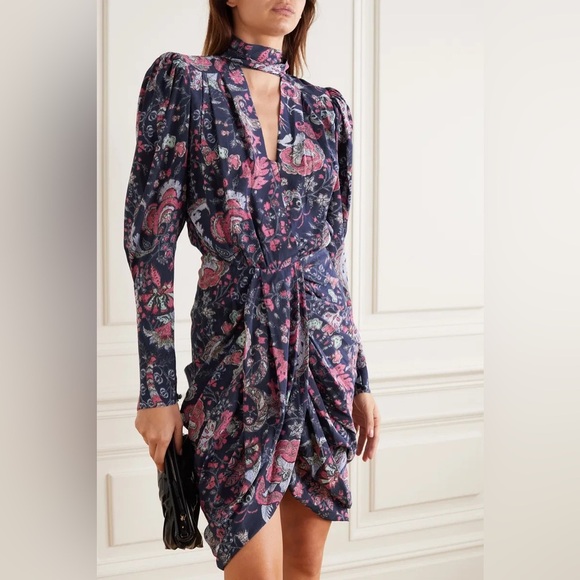 Isabel Marant Batoa Dress Navy Pink Floral Silk Crepe Long Sleeved Neck Tie NWOT - Picture 8 of 16